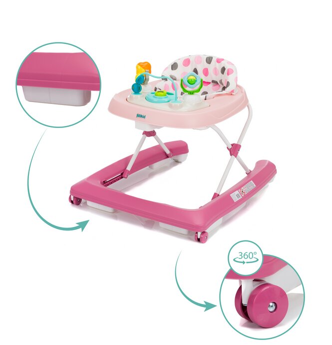 FILLIKID Premergator pentru copii Pink cu jucarie opritor de siguranta reglabil pe incaltime si pliabil
