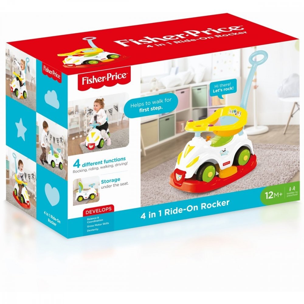 FISHER PRICE Masinuta copii fara pedale 4 in 1 Ride on rocker prevazuta cu maner si protectie laterala suport pentru picioare de la 12 luni pana la 23 kg