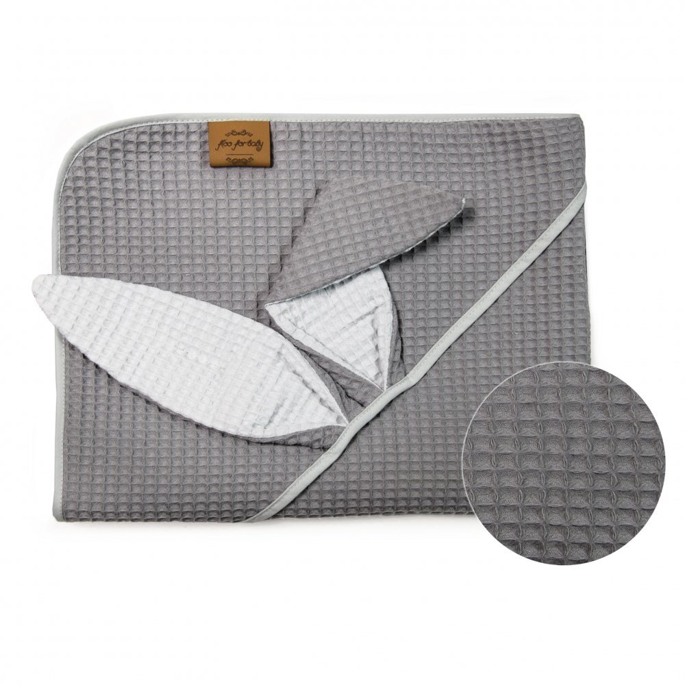Floo for Baby Prosop de baie din bumbac cu capison si urechiuse Waffle Iepuras Grafit