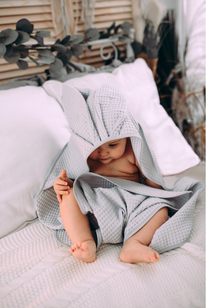 Floo for Baby Prosop de baie din bumbac cu capison si urechiuse Waffle Iepuras Gri