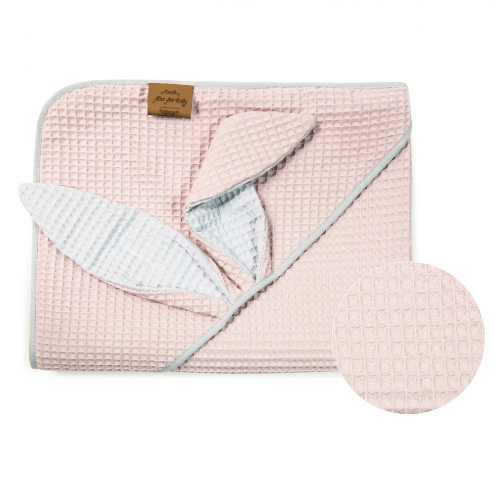 Floo for Baby Prosop de baie din bumbac cu capison si urechiuse Waffle Iepuras Roz