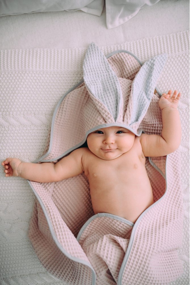 Floo for Baby Prosop de baie din bumbac cu capison si urechiuse Waffle Iepuras Roz