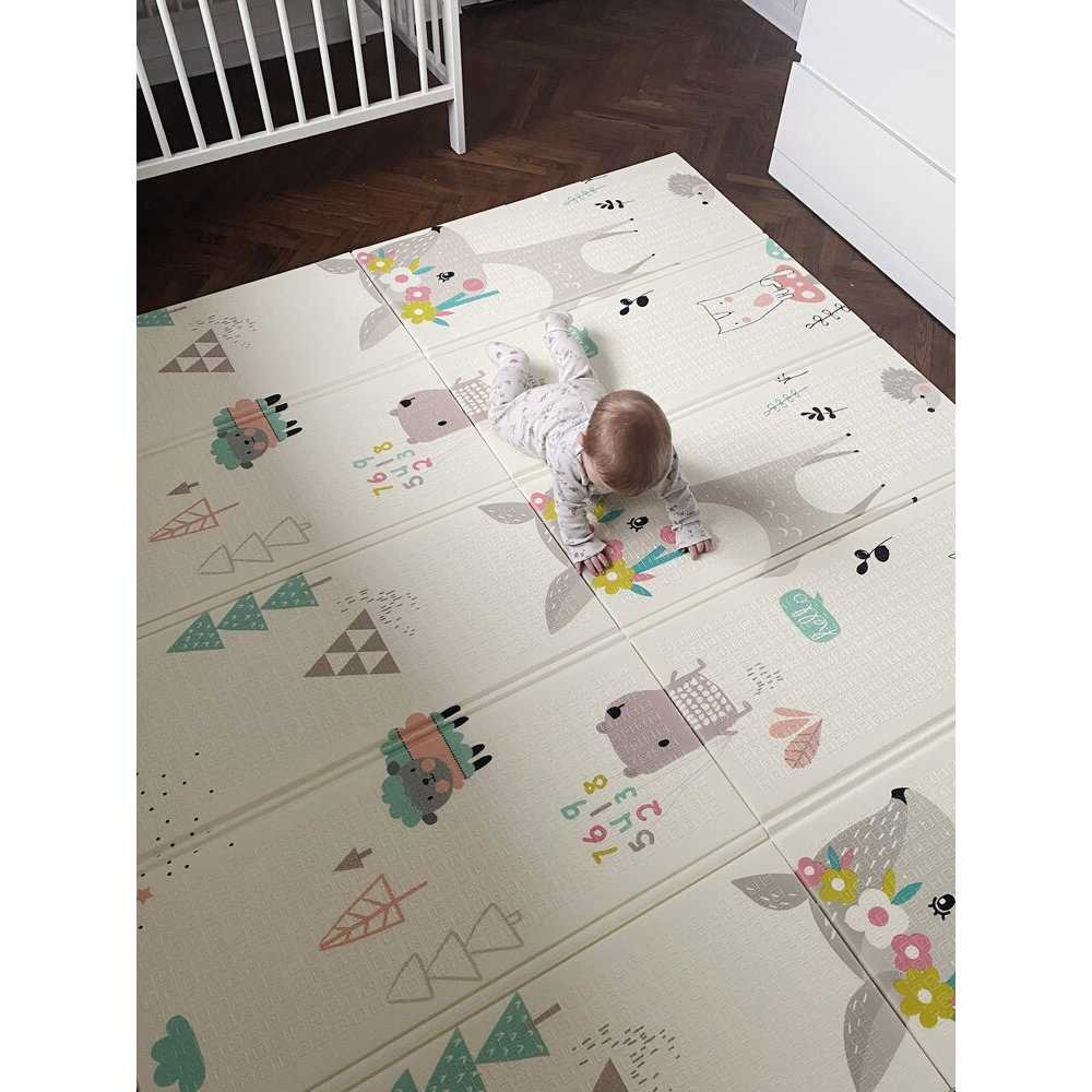 Flumi Covoras de joaca pliabil cu 2 fete 180x200 cm panda si animale padure