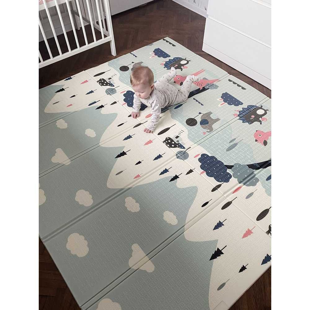 Flumi Covoras de joaca pliabil cu 2 fete 180x200 cm stradute si caprioare roz