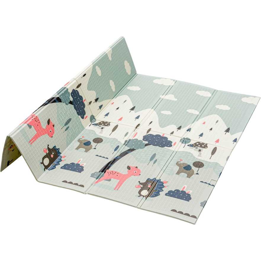 Flumi Covoras de joaca pliabil cu 2 fete 180x200 cm stradute si caprioare roz