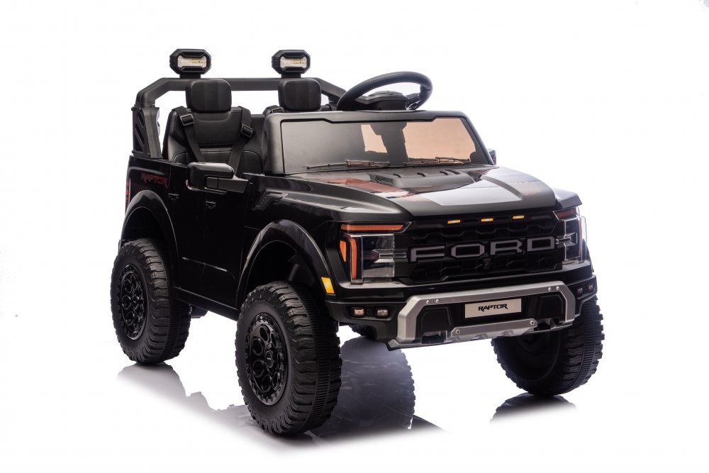 Ford Masinuta electrica pentru 2 copii Raptor F-150 Black cu licentaproiectoareacumulator 24Vtelecomanda 2.4Gfaruri ledmotoare x 200wslow startcenturi de siguranta individualegreutate admisa 60kg