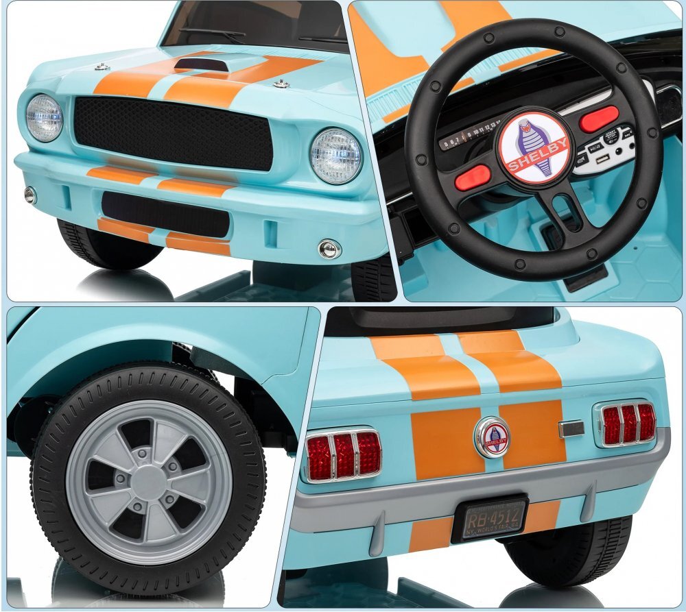Ford Masinuta electrica pentru copii Mustang Shelby GT350 Light Blue 12V cu licenta2 motoare x 25wroti EVAusi cu deschiderefaruri si stopuri LEDunitate audio cu muzicaUSBbluetoothindicator bateriecentura de siguranta