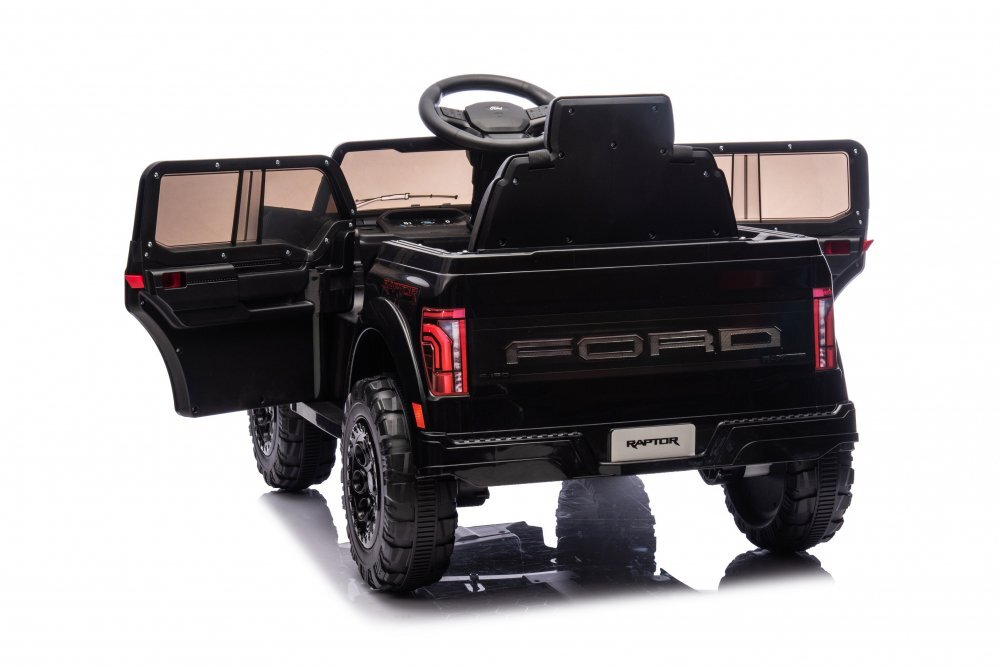 Ford Masinuta electrica pentru copii Raptor F-150 Black cu licentafaruri ledmuzica2 motoareacumulator 12V45Ahdeschidere usislow startspatiu de depozitare