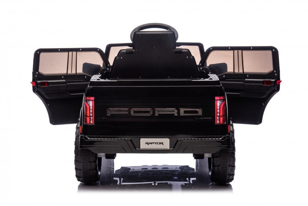 Ford Masinuta electrica pentru copii Raptor F-150 Black cu licentafaruri ledmuzica2 motoareacumulator 12V45Ahdeschidere usislow startspatiu de depozitare