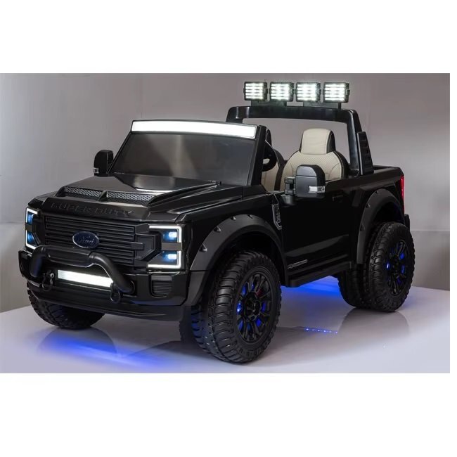 Ford Masinuta electrica pentru copii SuperDuty F450 Black cu 2 locuritelecomandaacumulator 24Vlumini LEDroti rezistente oglinzi retrovizoarefunctie trollerunitate audio USBbluetoothscaun reglabilindicator baterie