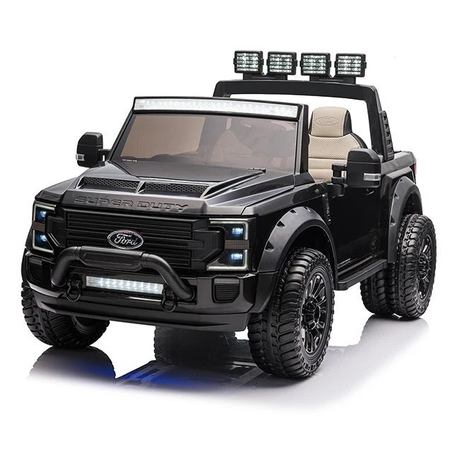 Ford Masinuta electrica pentru copii SuperDuty F450 Black cu 2 locuritelecomandaacumulator 24Vlumini LEDroti rezistente oglinzi retrovizoarefunctie trollerunitate audio USBbluetoothscaun reglabilindicator baterie