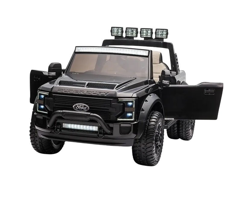 Ford Masinuta electrica pentru copii SuperDuty F450 Black cu 2 locuritelecomandaacumulator 24Vlumini LEDroti rezistente oglinzi retrovizoarefunctie trollerunitate audio USBbluetoothscaun reglabilindicator baterie