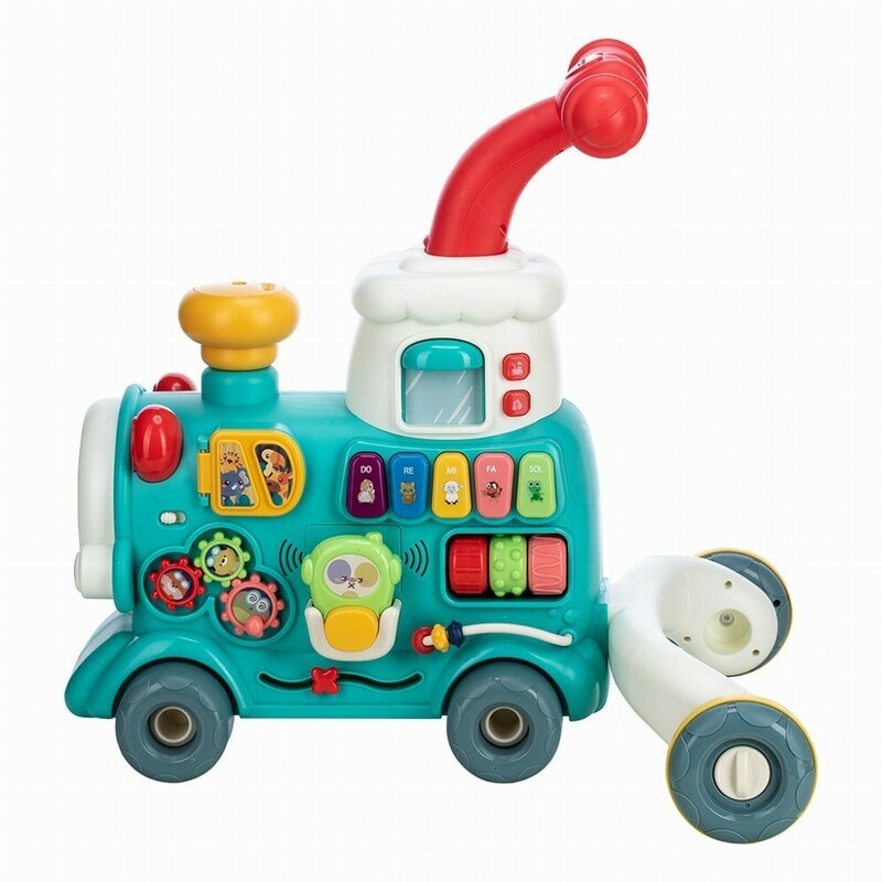 Free2Move Antemergator Magic Train Green 5 in 1 cu diverse activitati de joaca panou educational efecte sonore si luminoase