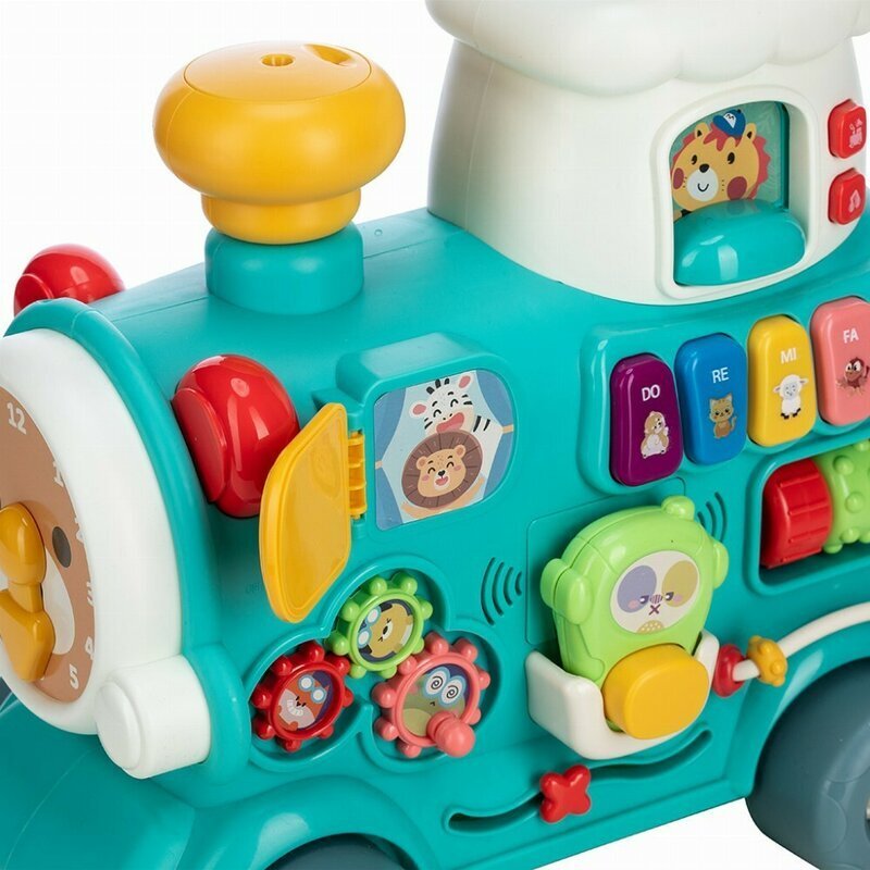 Free2Move Antemergator Magic Train Green 5 in 1 cu diverse activitati de joaca panou educational efecte sonore si luminoase