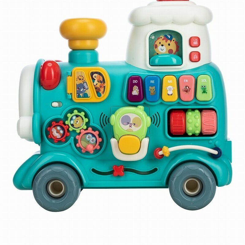 Free2Move Antemergator Magic Train Green 5 in 1 cu diverse activitati de joaca panou educational efecte sonore si luminoase