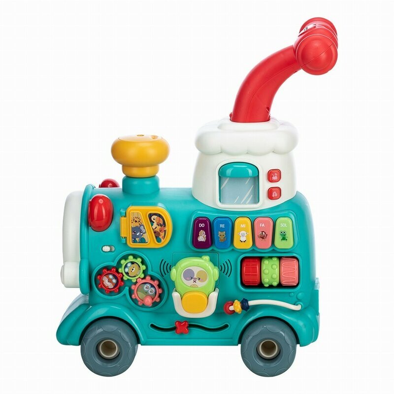 Free2Move Antemergator Magic Train Green 5 in 1 cu diverse activitati de joaca panou educational efecte sonore si luminoase