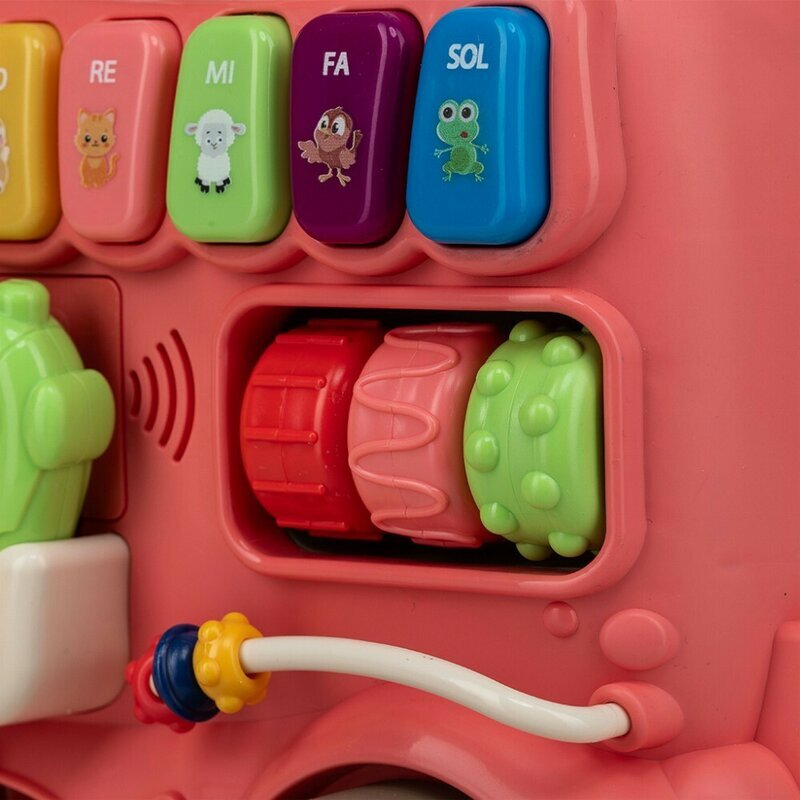 Free2Move Antemergator Magic Train Pink 5 in 1 cu diverse activitati de joaca panou educational efecte sonore si luminoase