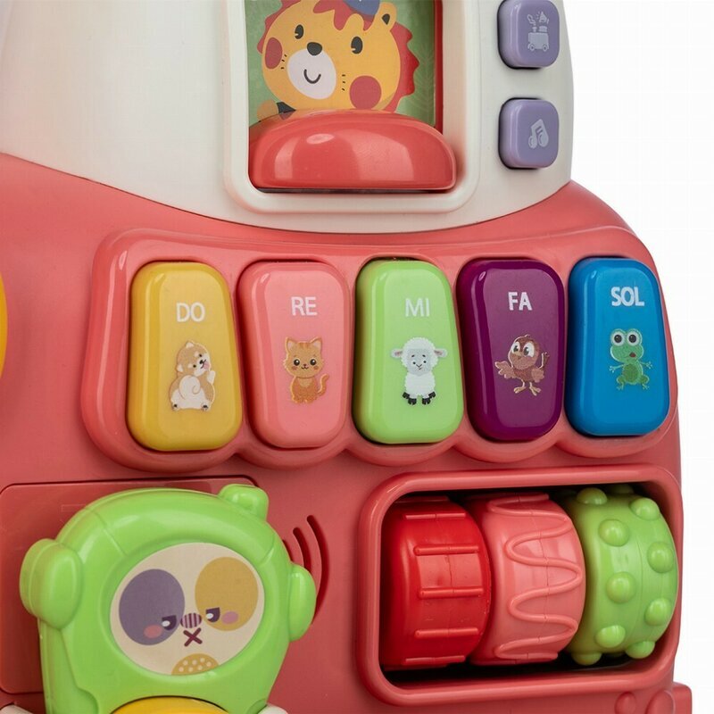 Free2Move Antemergator Magic Train Pink 5 in 1 cu diverse activitati de joaca panou educational efecte sonore si luminoase