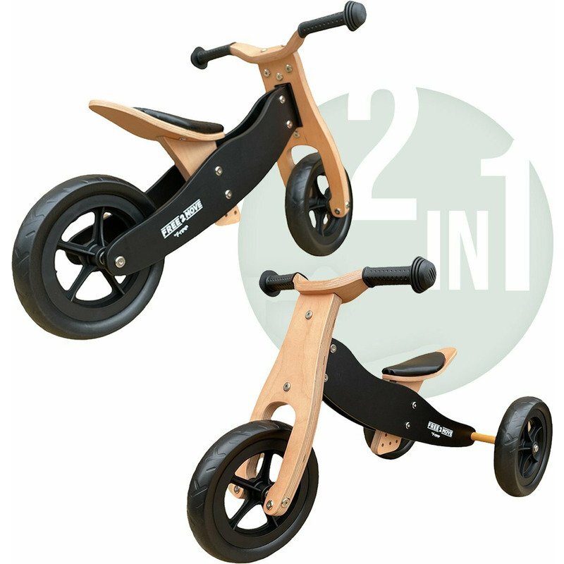 Free2Move Tricicleta copii fara pedale din lemn 2 in 1 Brown Black transformabila in bicicleta de echilibru varsta 16-3 ani scaun reglabil pe inaltime limitator de directie si roti silentioase