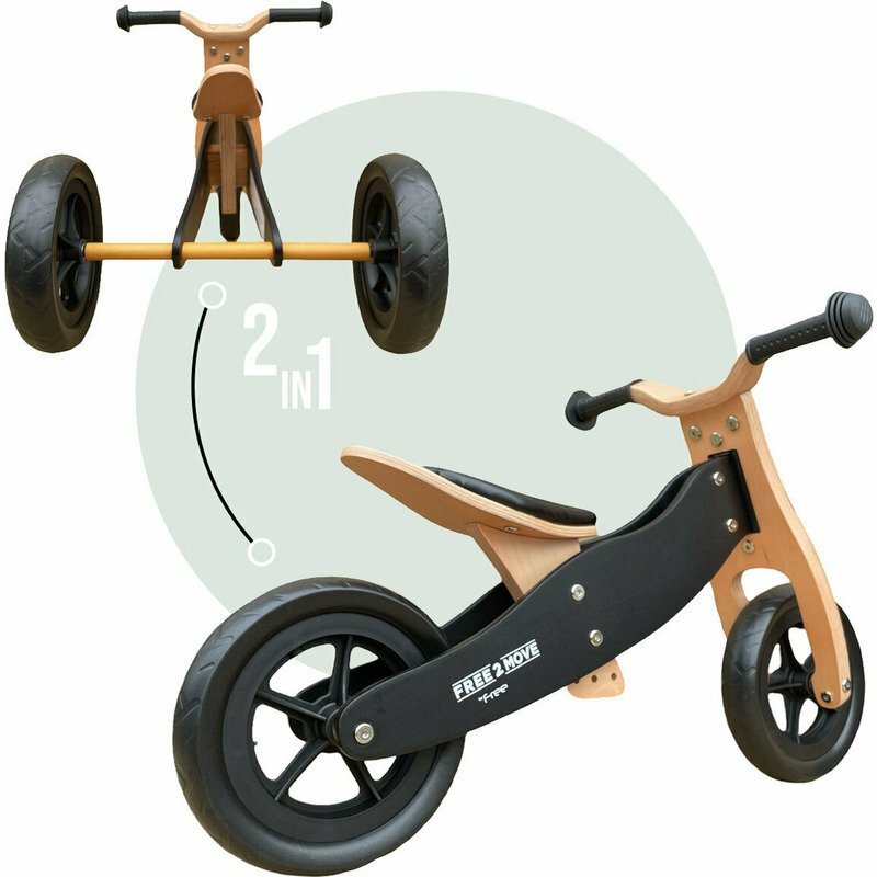 Free2Move Tricicleta copii fara pedale din lemn 2 in 1 Brown White transformabila in bicicleta de echilibru varsta 16-3 ani scaun reglabil pe inaltime limitator de directie si roti silentioase