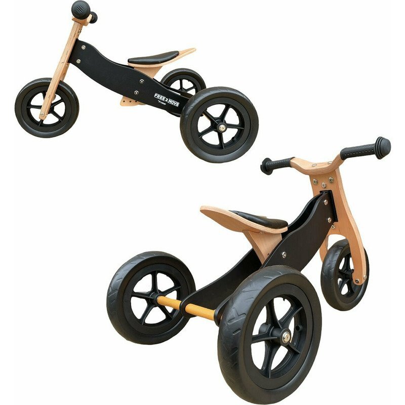 Free2Move Tricicleta copii fara pedale din lemn 2 in 1 Brown White transformabila in bicicleta de echilibru varsta 16-3 ani scaun reglabil pe inaltime limitator de directie si roti silentioase