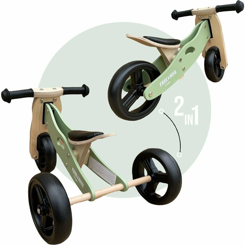 Free2Move Tricicleta copii fara pedale din lemn Mint varsta 1-3 ani transformabila in bicicleta de echilibru scaun reglabil pe inaltime un limitator de directie si roti silentioase