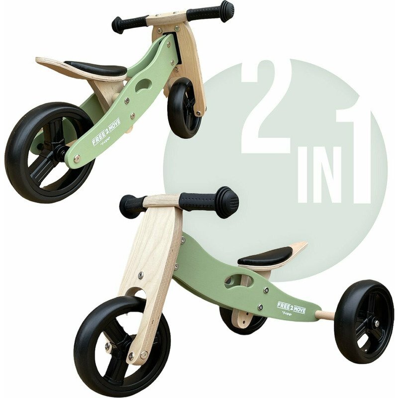 Free2Move Tricicleta copii fara pedale din lemn Mint varsta 1-3 ani transformabila in bicicleta de echilibru scaun reglabil pe inaltime un limitator de directie si roti silentioase