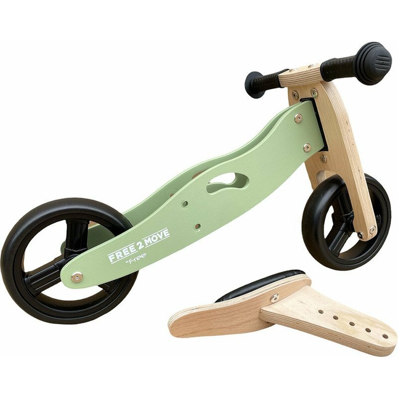 Free2Move Tricicleta copii fara pedale din lemn Mint varsta 1-3 ani transformabila in bicicleta de echilibru scaun reglabil pe inaltime un limitator de directie si roti silentioase