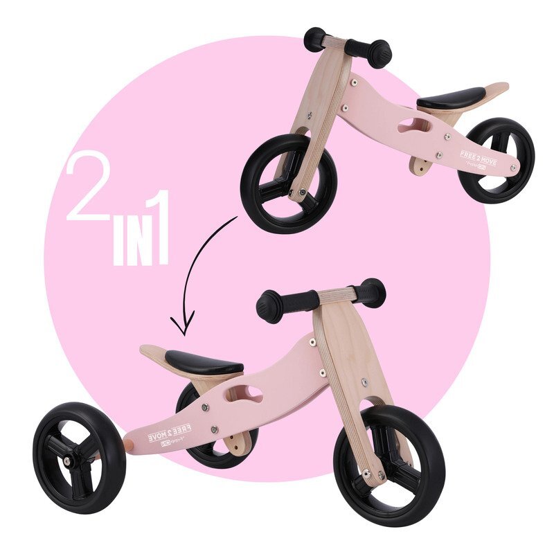 Free2Move Tricicleta copii fara pedale din lemn Pink varsta 1-3 ani transformabila in bicicleta de echilibru scaun reglabil pe inaltime un limitator de directie si roti silentioase