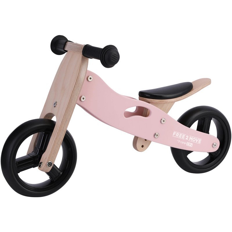 Free2Move Tricicleta copii fara pedale din lemn Pink varsta 1-3 ani transformabila in bicicleta de echilibru scaun reglabil pe inaltime un limitator de directie si roti silentioase