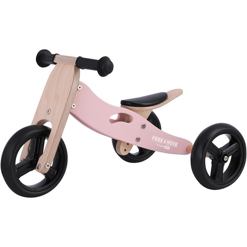 Free2Move Tricicleta copii fara pedale din lemn Pink varsta 1-3 ani transformabila in bicicleta de echilibru scaun reglabil pe inaltime un limitator de directie si roti silentioase