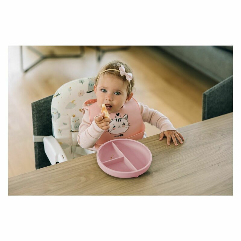 FreeON Farfurie compartimentata rotunda cu ventuza si 3 compartimente silicon 6-36 luni pink