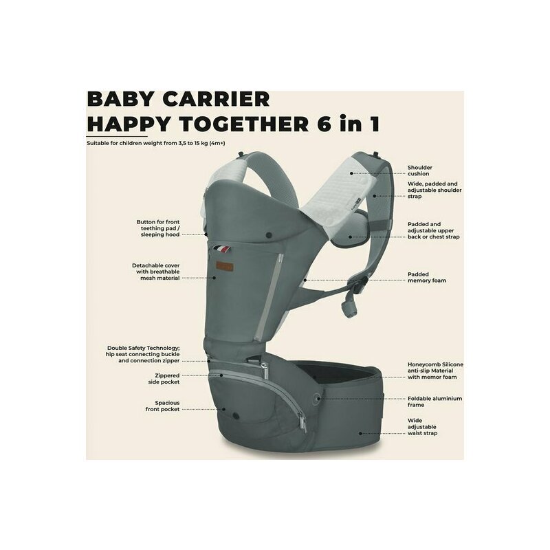 FreeON Marsupiu cu scaunel 6 in 1 Easy Mode Grey