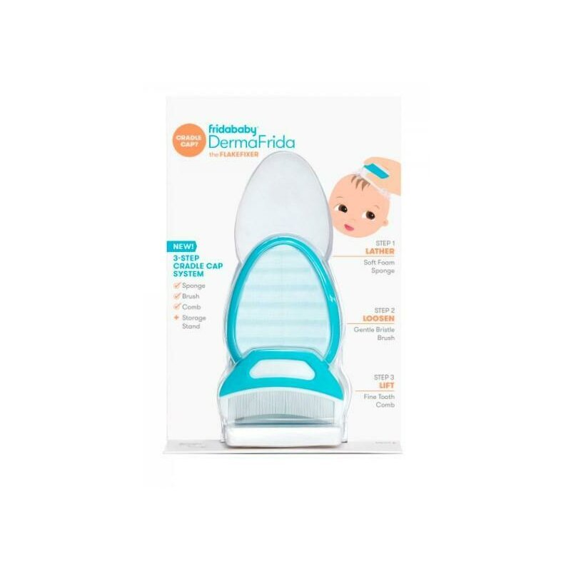 FridaBaby Set ingrijire scalp DermaFrida 3 in 1 pentru dermatita seboreica la bebelusi include perie burete si pieptene suport cu ventuza 0 luni+ Alb