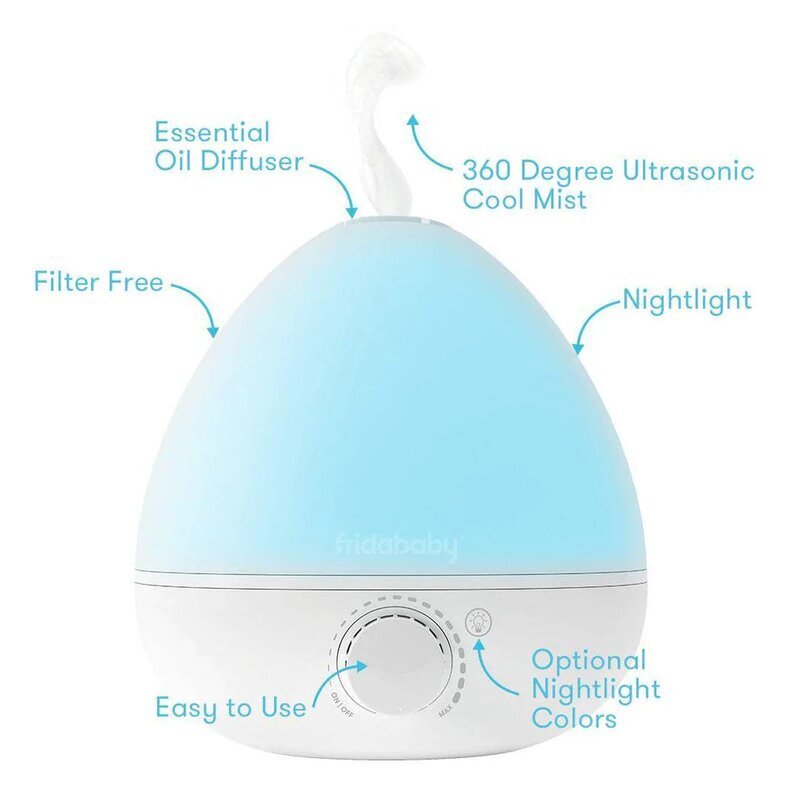 FridaBaby Umidificator BreatheFrida cu ultrasunete 3 in 1 ultra silentios include difuzor de uleiuri esentiale si lumina de veghe oprire automata rezervor BPA Free Alb