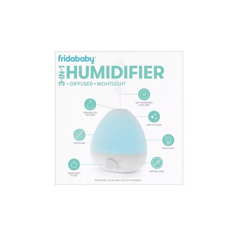 FridaBaby Umidificator BreatheFrida cu ultrasunete 3 in 1 ultra silentios include difuzor de uleiuri esentiale si lumina de veghe oprire automata rezervor BPA Free Alb