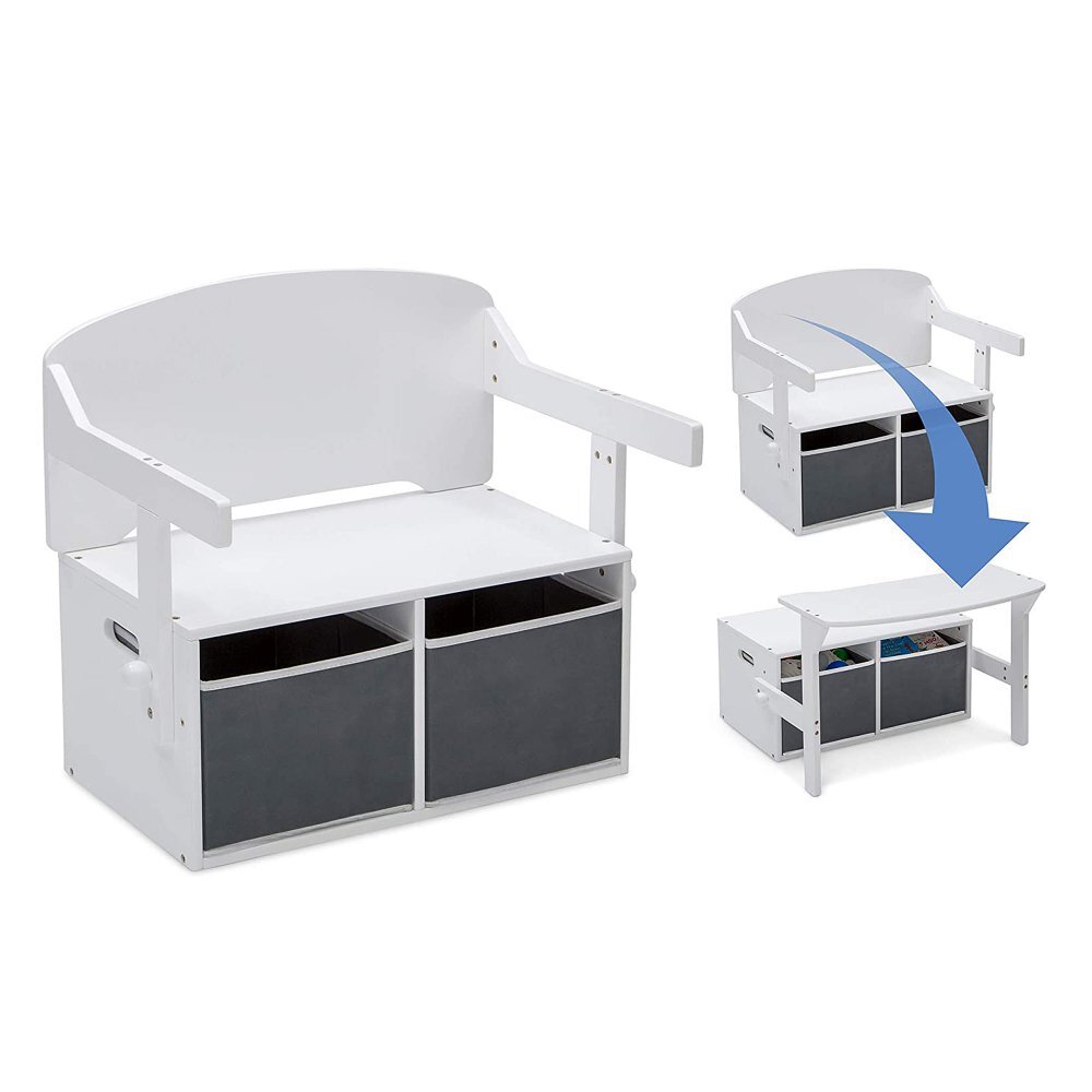Ginger Home Bancuta transformabila 3in1 din lemn AlbGri cu spatiu depozitarespatar inaltcolturi si margini rotunjitemanere transport2 cutii din material textil incluse