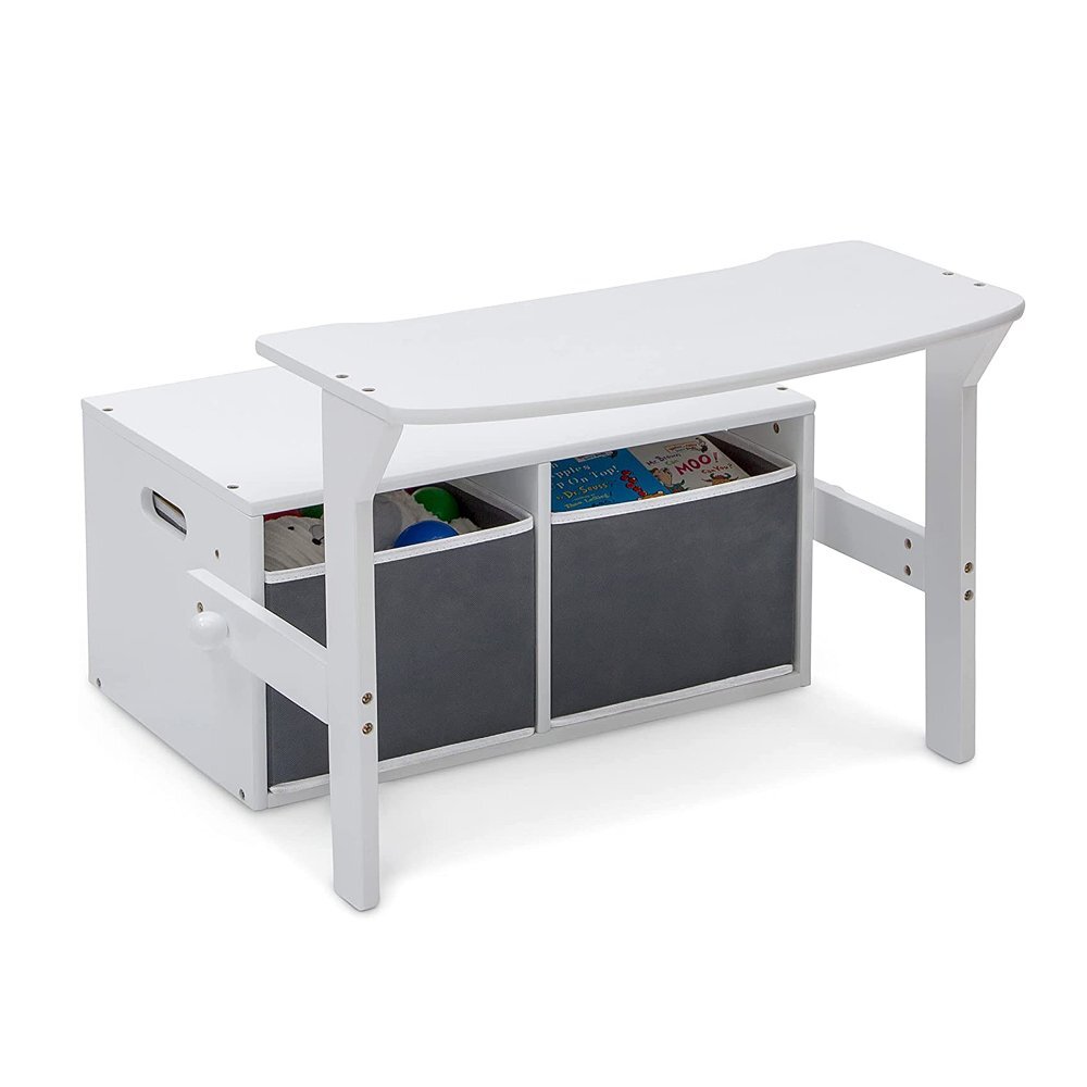 Ginger Home Bancuta transformabila 3in1 din lemn AlbGri cu spatiu depozitarespatar inaltcolturi si margini rotunjitemanere transport2 cutii din material textil incluse