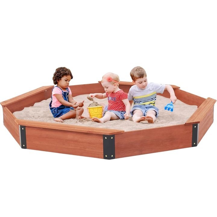 Ginger Home Cutie de nisip mare pentru copii Octogon din lemn cu husa impermeabila inclusa 199x199x23 cm