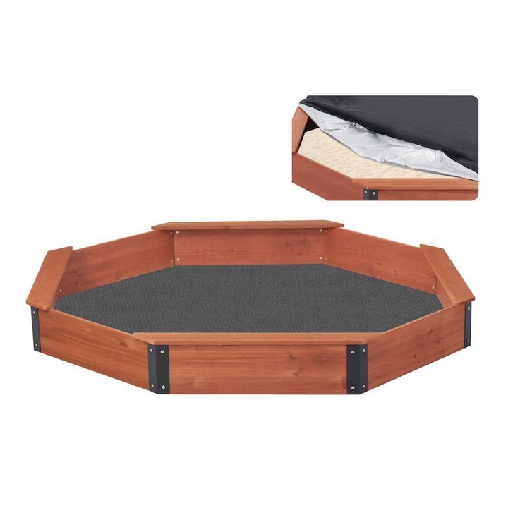 Ginger Home Cutie de nisip mare pentru copii Octogon din lemn cu husa impermeabila inclusa 199x199x23 cm