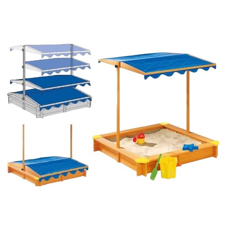 Ginger Home Cutie de nisip pentru copii Blue cu copertina reglabila si impermeabila tratata cu protectie UV30 117x117 cmCapacitate de incarcare 200 kgcolturi cu protectii din plastic