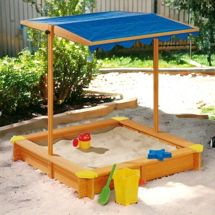 Ginger Home Cutie de nisip pentru copii Blue cu copertina reglabila si impermeabila tratata cu protectie UV30 117x117 cmCapacitate de incarcare 200 kgcolturi cu protectii din plastic