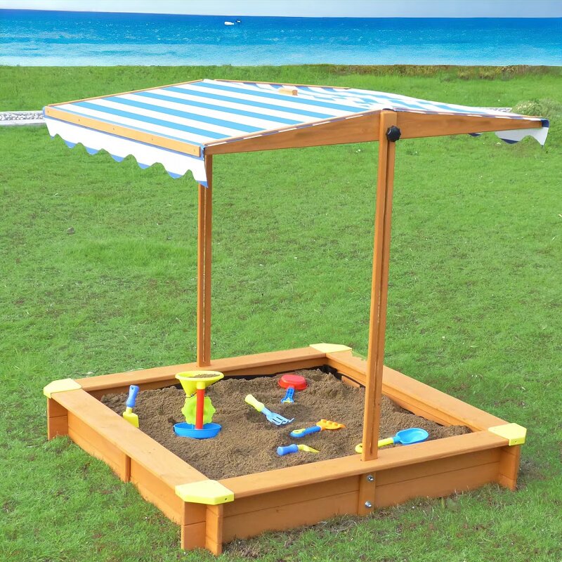 Ginger Home Cutie de nisip pentru copii Wood 118x118x118 cmcopertina reglabila si impermeabila tratata cu protectie UVcolturi cu protectii din plastic