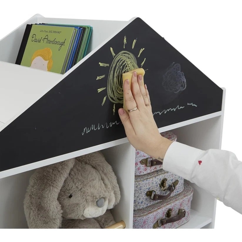 Ginger Home Dulap organizator pentru carti si jucarii tip casuta Montessori Alb cu 6 compartimente si tabla neagra de scris