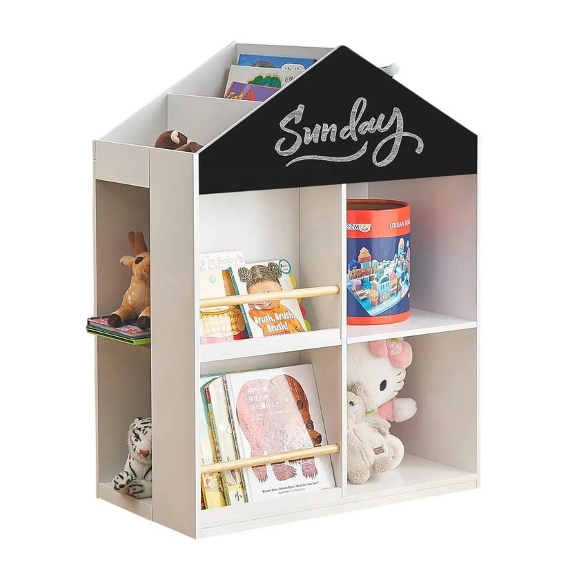 Ginger Home Dulap organizator pentru carti si jucarii tip casuta Montessori Alb cu 6 compartimente si tabla neagra de scris