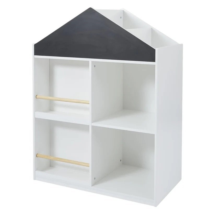Ginger Home Dulap organizator pentru carti si jucarii tip casuta Montessori Alb cu 6 compartimente si tabla neagra de scris