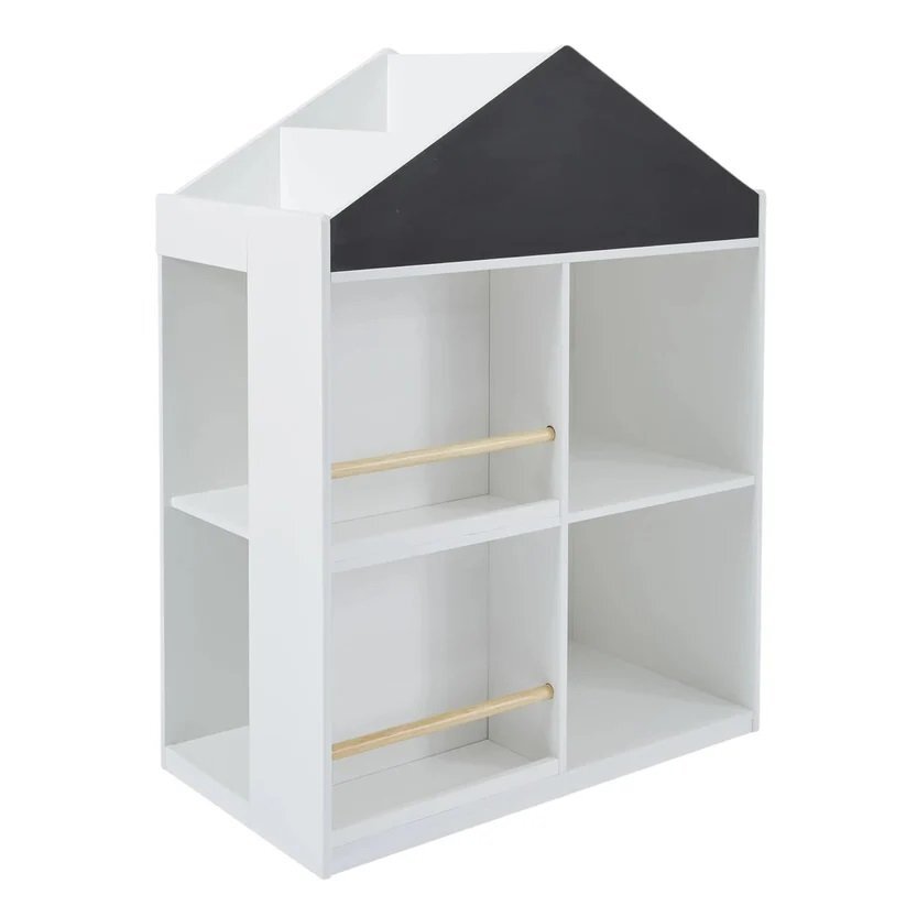 Ginger Home Dulap organizator pentru carti si jucarii tip casuta Montessori Alb cu 6 compartimente si tabla neagra de scris