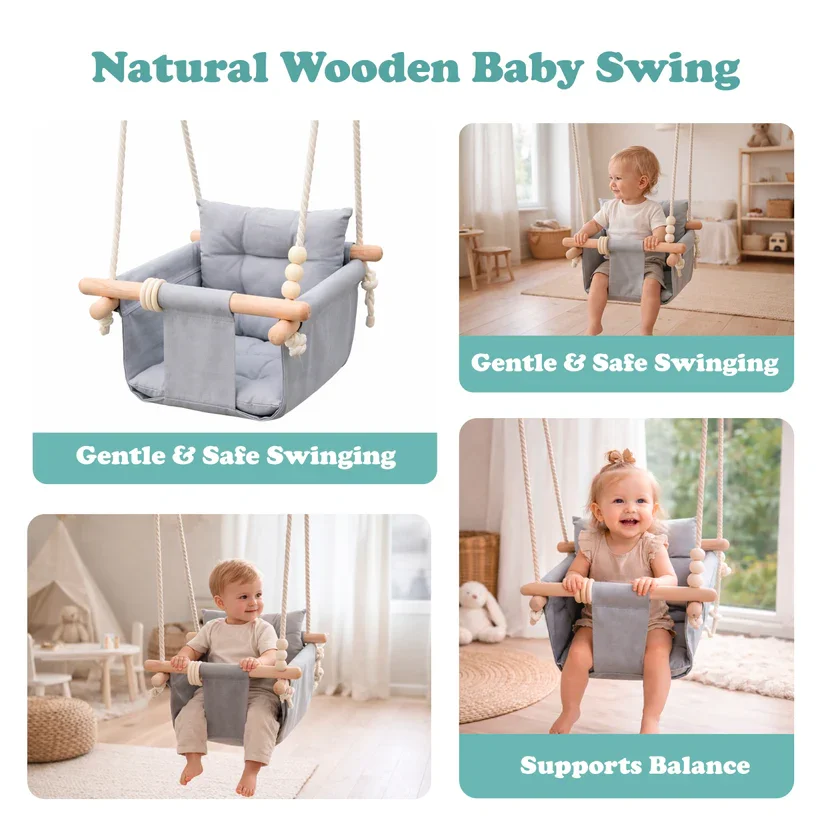 Ginger Home Leagan din lemn pentru copii Scandi cu spatarsezut moale cu husa din bumbac utilizare interiorexterior greutate admisa 30 kg