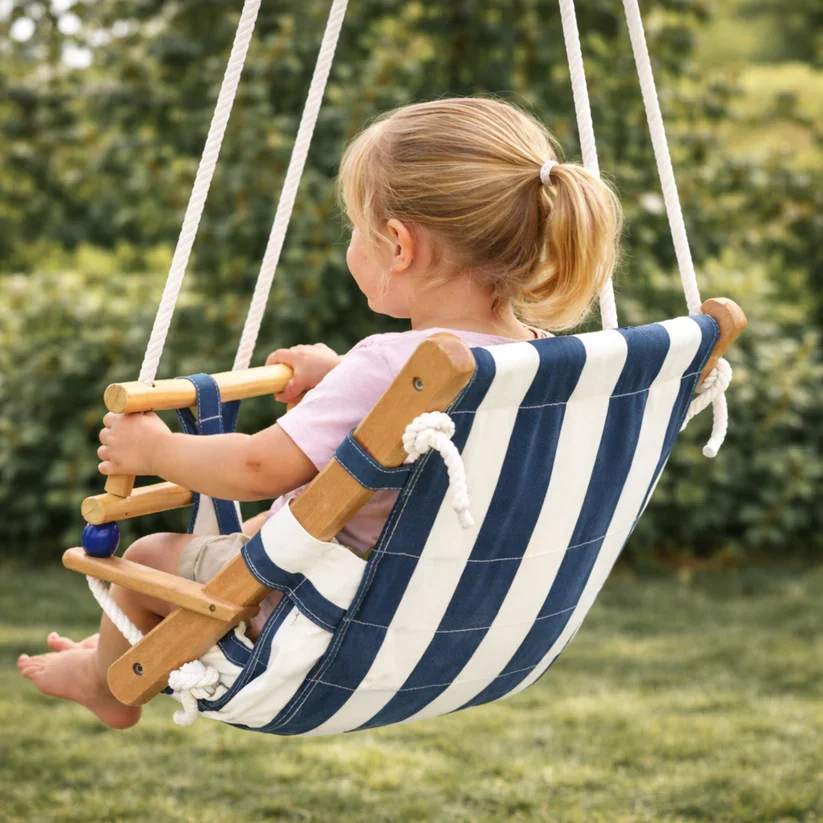 Ginger Home Leagan din lemn pentru copii tip sezlong Style Swingsezut moale cu husa din bumbac utilizare interiorexterior greutate admisa 70 kg franghii reglabile