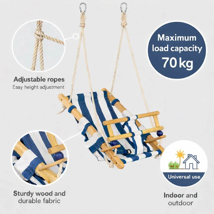 Ginger Home Leagan din lemn pentru copii tip sezlong Style Swingsezut moale cu husa din bumbac utilizare interiorexterior greutate admisa 70 kg franghii reglabile